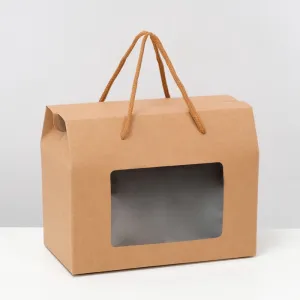 Коробка подарочная с окном и ручками крафт, 20×15×11