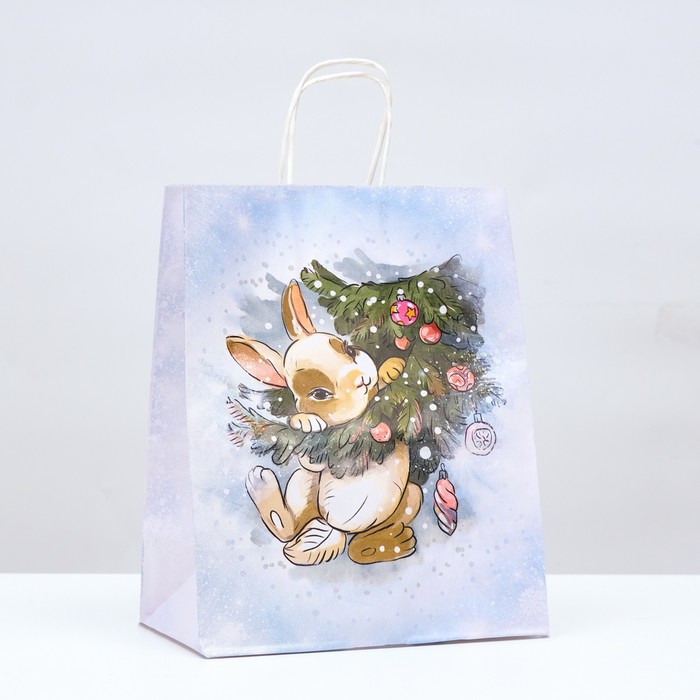 Пакет подарочный крафт "Кролик на ветке", 22×12×27
