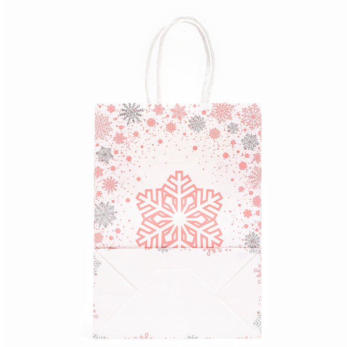Пакет бумажный подарочный новогодний крафт "Розовая снежинка", 21×15×8