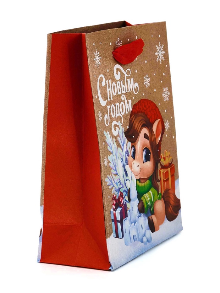 Пакет новогодний крафтовый подарочный "С новым годом", 15×12×5.5