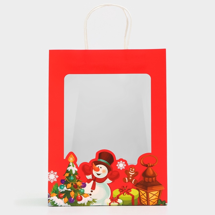 Пакет подарочный новогодний крафт "Снеговик",30×22×14