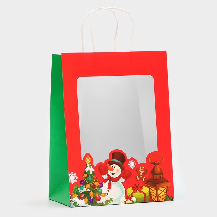 Пакет подарочный новогодний крафт "Снеговик",30×22×14