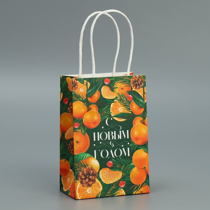 Пакет подарочный новогодний крафтовый "Мандариновое настроение", 15×10×6