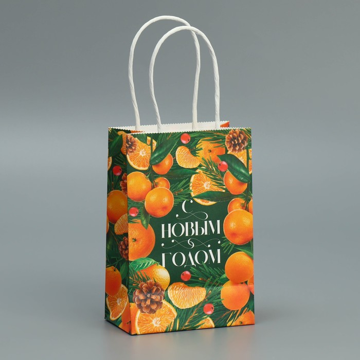 Пакет подарочный новогодний крафтовый "Мандариновое настроение", 15×10×6