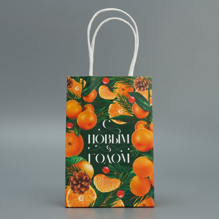 Пакет подарочный новогодний крафтовый "Мандариновое настроение", 15×10×6