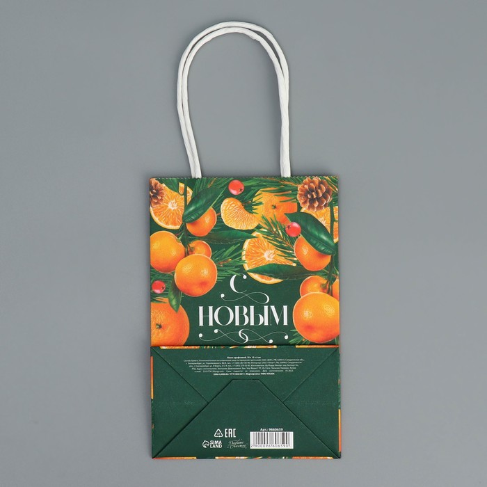 Пакет подарочный новогодний крафтовый "Мандариновое настроение", 15×10×6