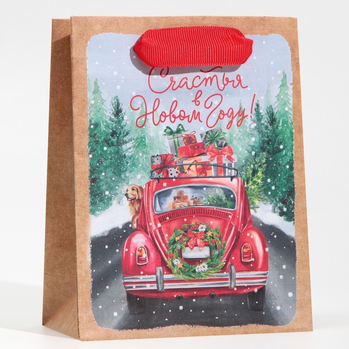 Пакет подарочный новогодний крафтовый "Новогодний экспресс", 15×12×5.5