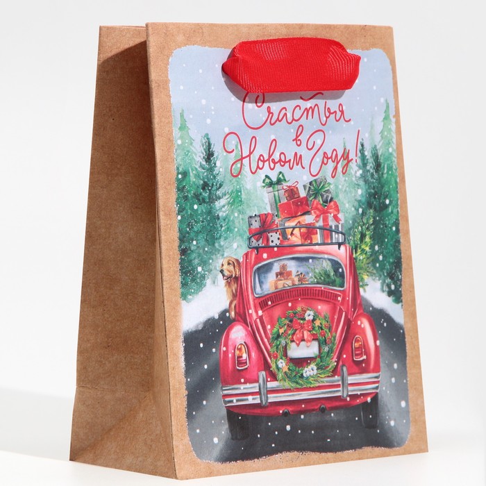 Пакет подарочный новогодний крафтовый "Новогодний экспресс", 15×12×5.5