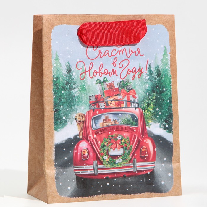 Пакет подарочный новогодний крафтовый "Новогодний экспресс", 15×12×5.5
