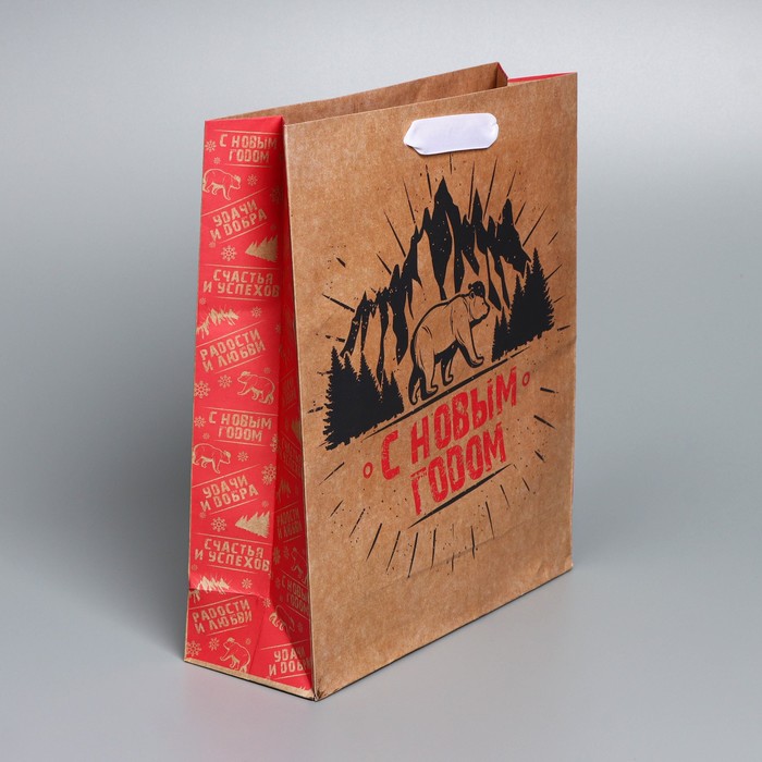 Пакет подарочный новогодний крафтовый "С новым годом", 30×26×9