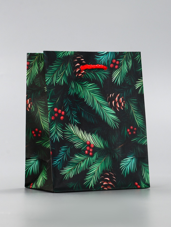 Пакет подарочный новогодний ламинированный "Шишки", 14.5×11.5×6.5