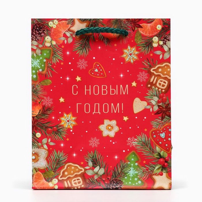 Пакет подарочный новогодний ламинированный "С новым годом!", 14.5×11.5×6.5